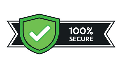 Green security shield with check mark and 100 percent secure banner
