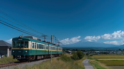 Naklejka premium Train Rolling Through Green Fields and Distant Fuji