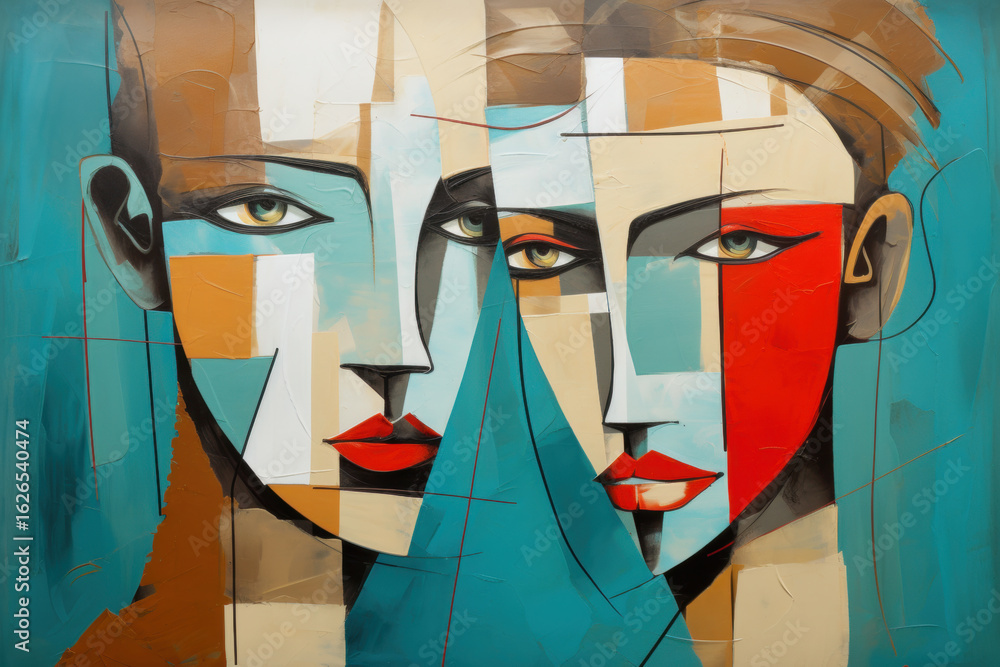 Poster cubist double portrait of two people fused into one abstract composition with layered perspectives