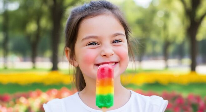 A little girl enjoying a rainbow popsicle with a colorful flower field in the background on a sunny day