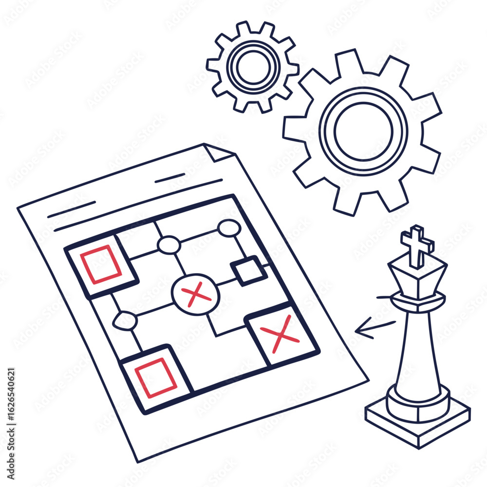 Poster strategic planning with chess king and flowchart diagram with gears symbolizing teamwork and executi