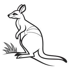 Stylized black and white cartoon illustration of a kangaroo standing on grass