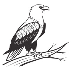 Stylized black and white illustration of a majestic eagle perched on a tree branch
