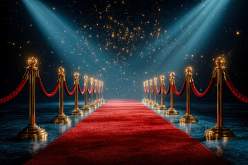 Luxurious celebrity red carpet with velvet ropes and sparkling lights on a starry night background