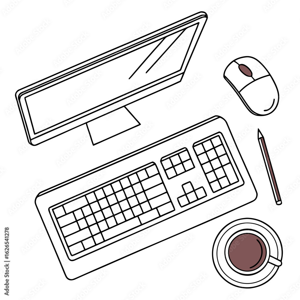 Aufkleber top view of a computer setup with keyboard mouse pencil and coffee cup
