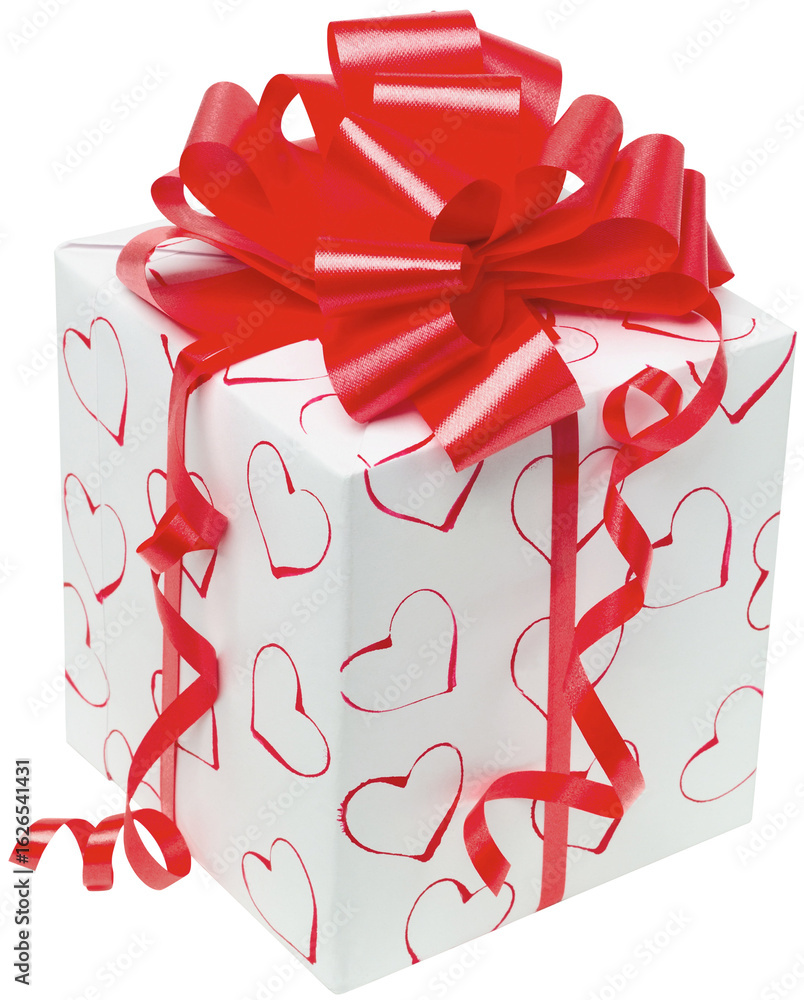 Poster a white gift box with red hearts pattern and a large red ribbon bow isolated on transparent backgrou