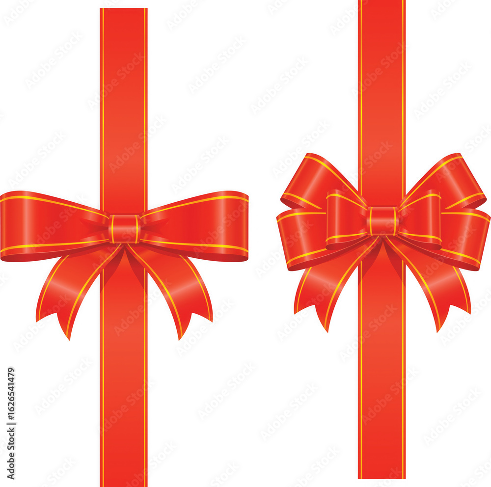 Poster two elegant red satin gift bows with ribbons tied vertically on a transparent background isolated on