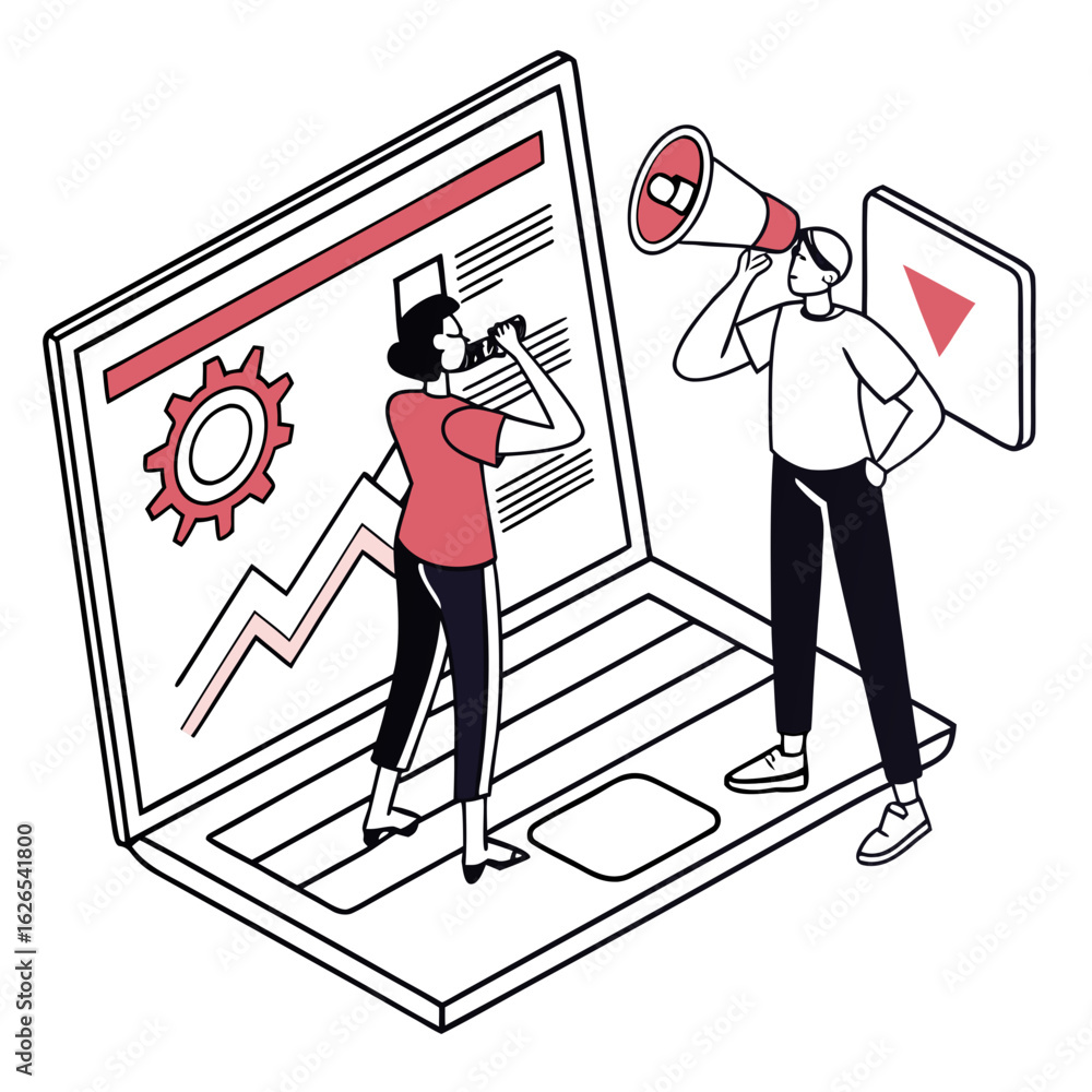 Poster two people collaborate on a laptop with a graph and a play button representing digital marketing and