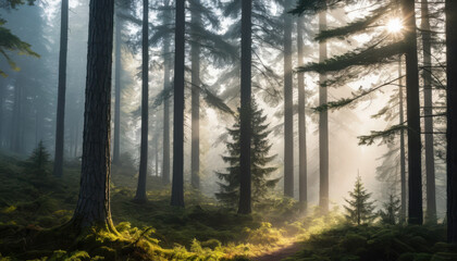 Obraz premium Sunlit Forest Canopy: Sunlight streams through the dense canopy of a lush forest, illuminating a verdant path below, invoking a sense of tranquility and the magic of nature.