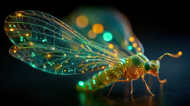 A shimmering, luminescent insect with intricate, glowing circuitry on translucent wings