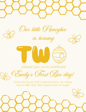 Birthday invitation card vector template design. Bumblebee birthday Party theme with honey comb, beehive and honey bee background.	