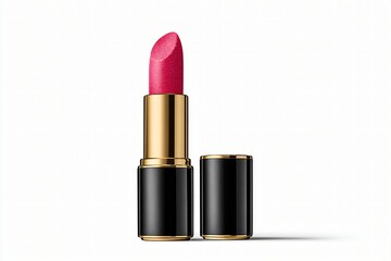 Fototapeta premium Pink lipstick with black and gold tube on a clean background for beauty ads