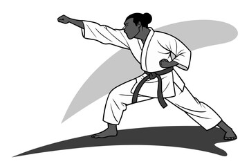 A black and white illustration of a woman with a black belt practicing martial arts training, executing a powerful forward punch in a traditional gi uniform.