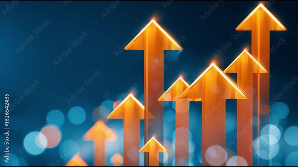 Poster glowing orange arrow pointing up on blue abstract background with financial chart. an optimistic con