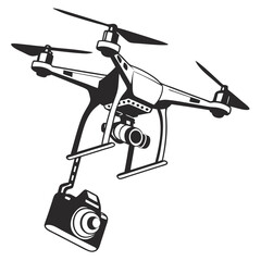 Black and white illustration of a quadcopter drone carrying a camera suspended from its underside