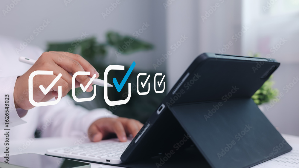 Poster checkmark concept, businessman using digital pen to check task list on tablet screen. concept of pro