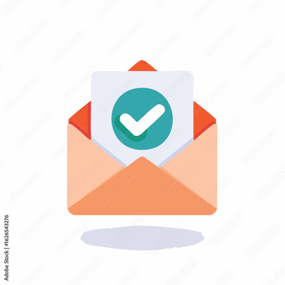 Poster envelope with check mark. sending confirmation. message received with approval.