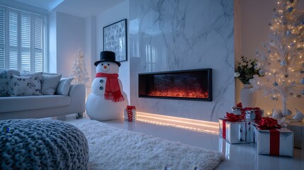 Modern Minimalist Christmas Living Room with Snowman and Fireplace