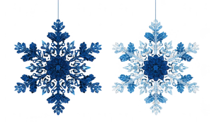 Two detailed blue snowflake ornaments, hanging