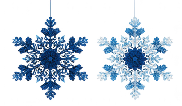 Two detailed blue snowflake ornaments, hanging - Powered by Adobe