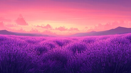 Enchanting Lavender Fields at Sunset with Majestic Mountains