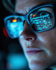 Quantum Superposition Concept, Close up reflection of futuristic quantum computing technology superposition state shows glowing circuit board pattern protective eyewear with blue digital display
