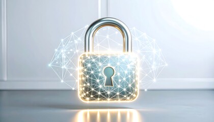 3D metallic padlock with glowing network