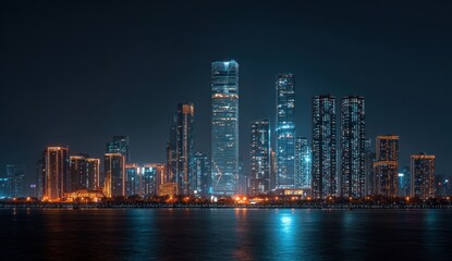 Obraz premium The city skyline glows with vibrant lights reflecting on the water, creating a stunning urban panorama at night.