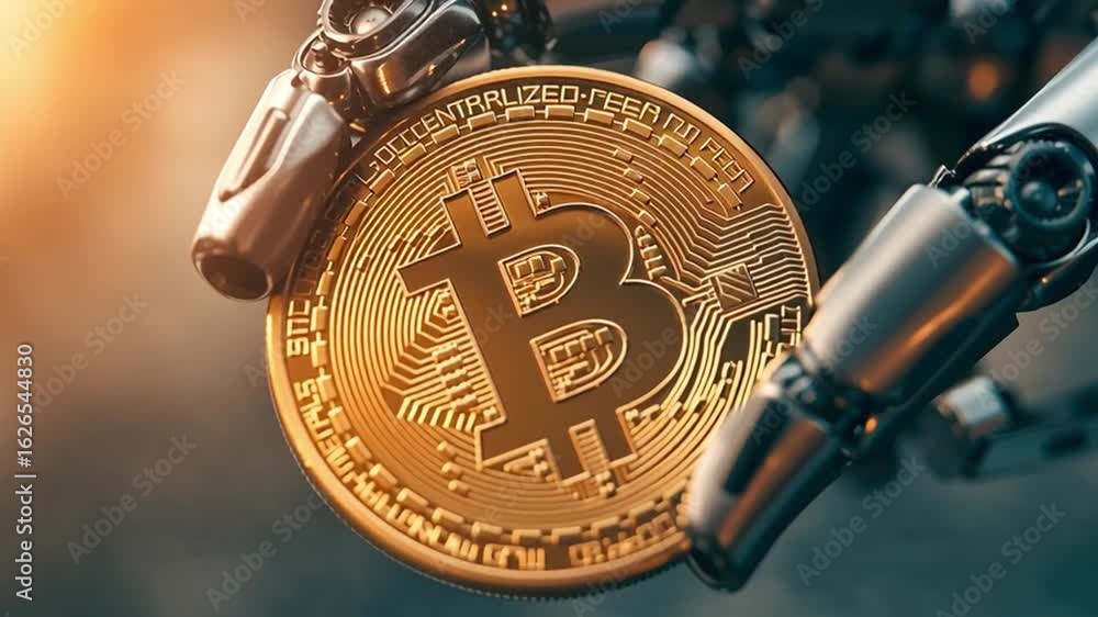 Poster golden bitcoin and cryptocurrency coin held by robotic hand with metallic robotic arm symbolizing di