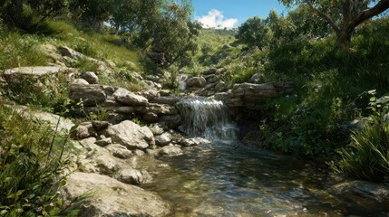 A small waterfall cascading over rocks in a lush, green landscape.