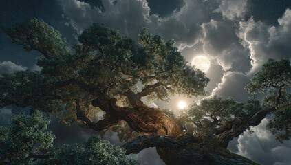 Pixelated Tree Under Full Moon Night Sky