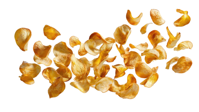 Golden, crisp, potato chips scattered