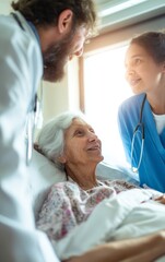 Obraz premium Young doctor and nurse caring for elderly patient in bright hospital room with compassionate interaction