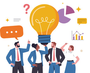 Business team brainstorming, light bulb idea, innovation concept, data analysis, pie chart, bar graph, question mark, teamwork, planning, strategy, communication, collaboration,