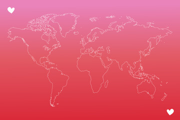 Stylized vector illustration of a white-outlined world map on a vibrant pink-to-red gradient background, accented with small white heart icons in opposite corners