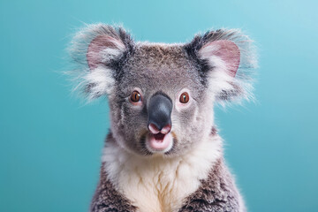 Fototapeta premium Koala with surprised expression on face isolated on blue background