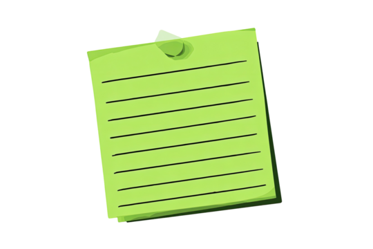 A light lime-green rectangular notepaper, lined with dark-grey lines, attached to a pin