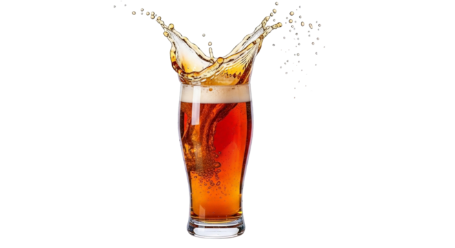 Refreshing beverage splashes out of tall clear glass, liquid motion and excitement visualized.