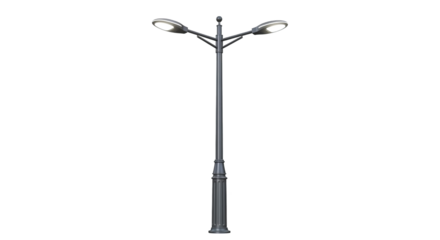 Isolated lamppost with twin lights on a tall fluted gray pole provides illumination outdoor setting.