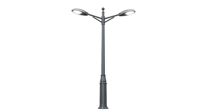 Isolated lamppost with twin lights on a tall fluted gray pole provides illumination outdoor setting.