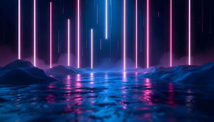 Immersive futuristic landscape with vibrant neon lights reflecting on water and misty mountains