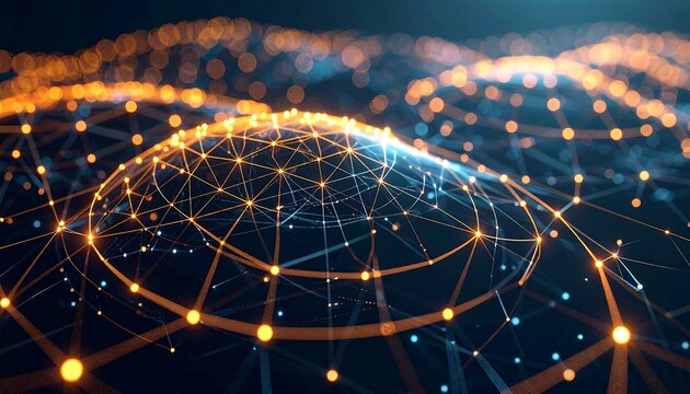Abstract network of interconnected nodes, glowing lines and light patterns in dark space