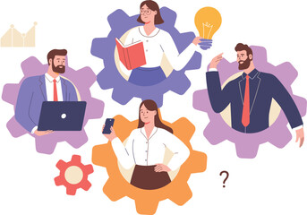 Teamwork concept illustration, gear icons, business roles, innovation idea, laptop, smartphone, book, light bulb, graph, question mark, 