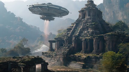 A large spaceship hovering over an ancient temple surrounded by mountains and lush green vegetation