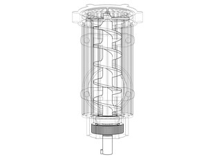 Conceptual Industrial Design: Mechanical Drawing of a Meat Mincer. Abstract Wireframe Illustration Detailing Internal Gear and Auger Mechanism for Food Production Machinery and Appliance Engineering.