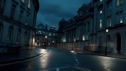 Fototapeta premium Rainy Night Street Scene In Historic European City