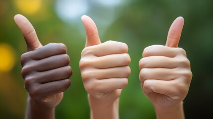 Diverse hands showing thumbs-up signs together. Unity, positivity and teamwork concept. Celebrating Thumb Appreciation Day and inclusive encouragement