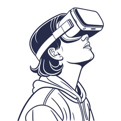 Stylized illustration of a person wearing a virtual reality headset and looking upwards
