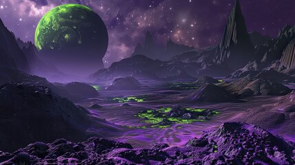 Alien planet with green planet in the sky and purple ground with green patches and rocky mountains