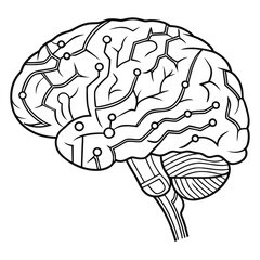 Stylized outline of a human brain with integrated circuit pathways and nodes representing artificial intelligence